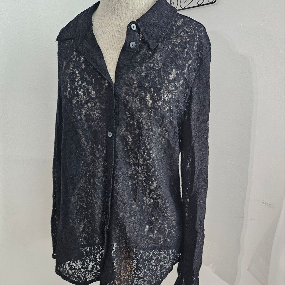 Liz Claiborne Black Lace Layering button up Blouse Vampgoth Grunge Bodycon Sz XL